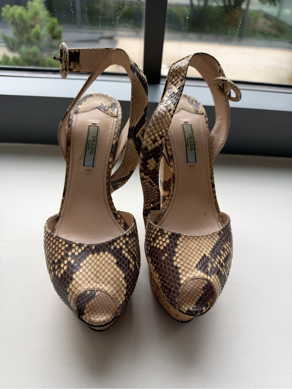 Prada Women's Python snake skin Peep-Toe Slingback Heels - Beige/Brown